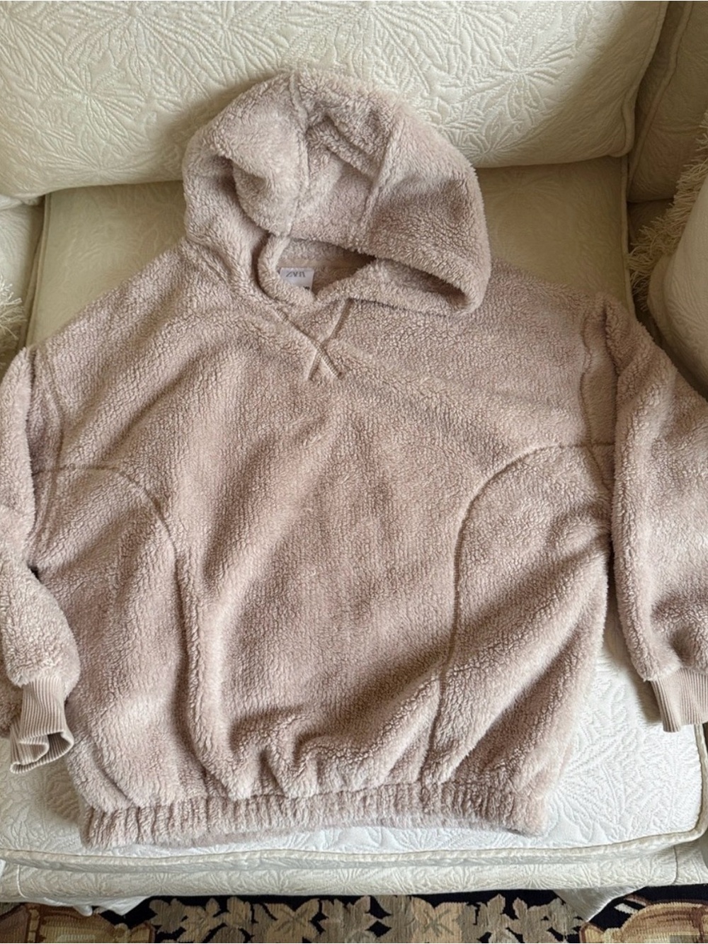 Zara Plush Hooded Pullover in Light Beige
